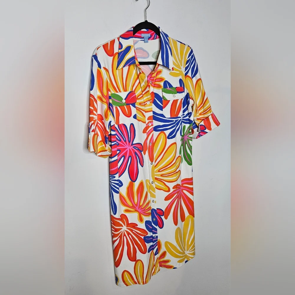 J. McLaughlin Floral Colorful Catalina Cloth Womens LG Collar Shift Dress RARE - Picture 2 of 5